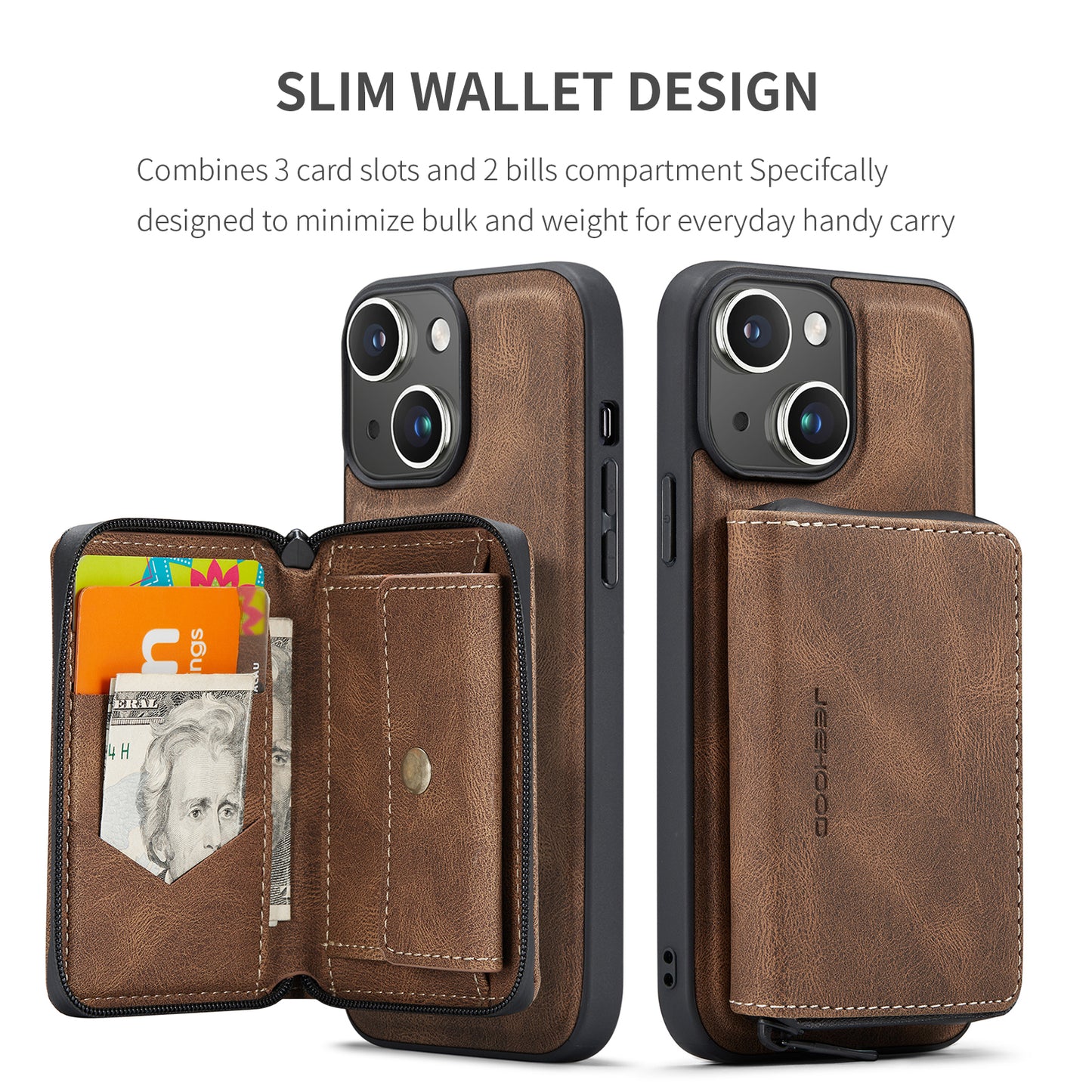 Magnetic Removable Zipper Wallet iPhone 16 Plus Case Leather Back