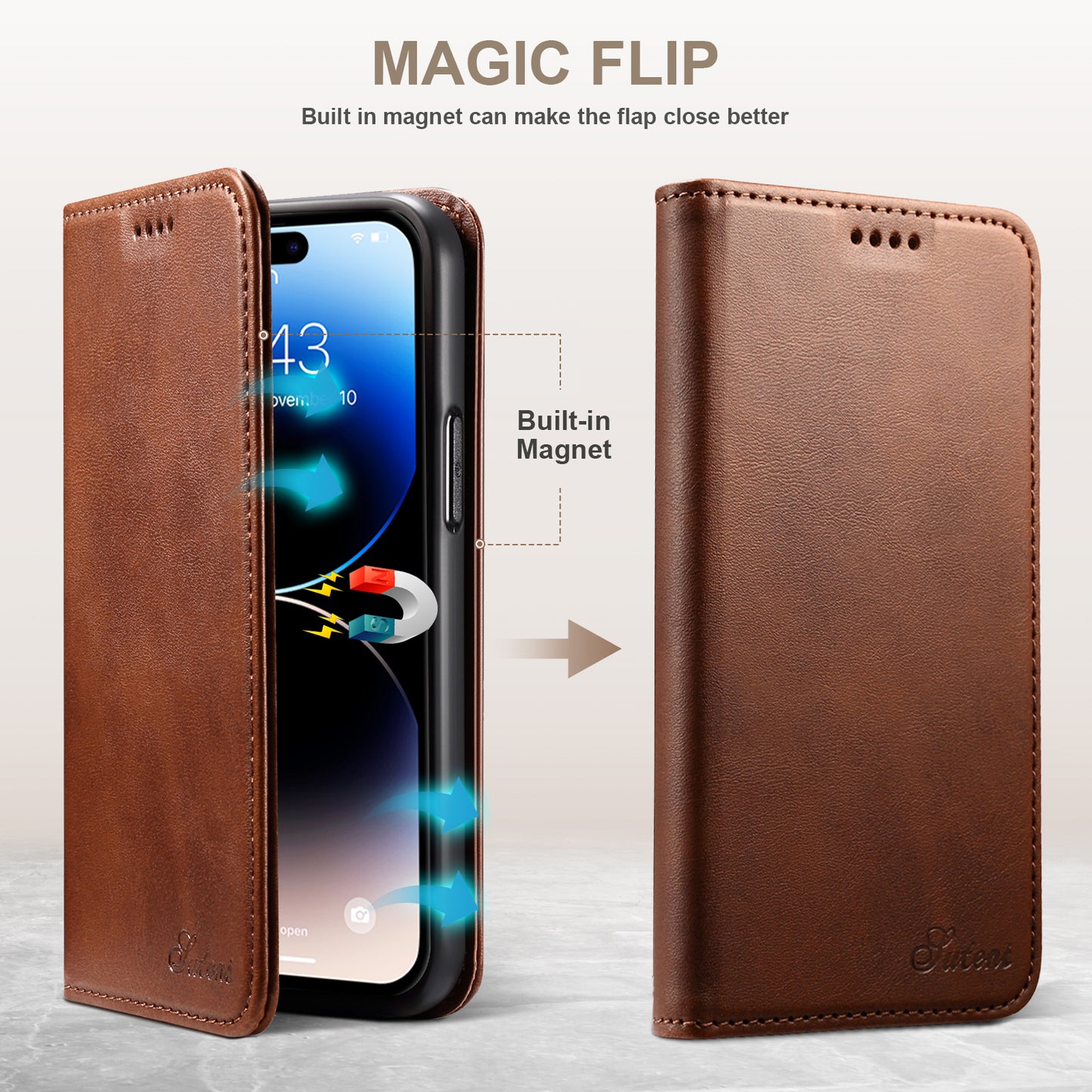 Calfskin Simple Wallet iPhone 15 Case RFID Magnetic