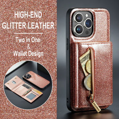 Glitter Leather 2-in-1 Wallet Zipper iPhone 15 Pro Max Case Detachable