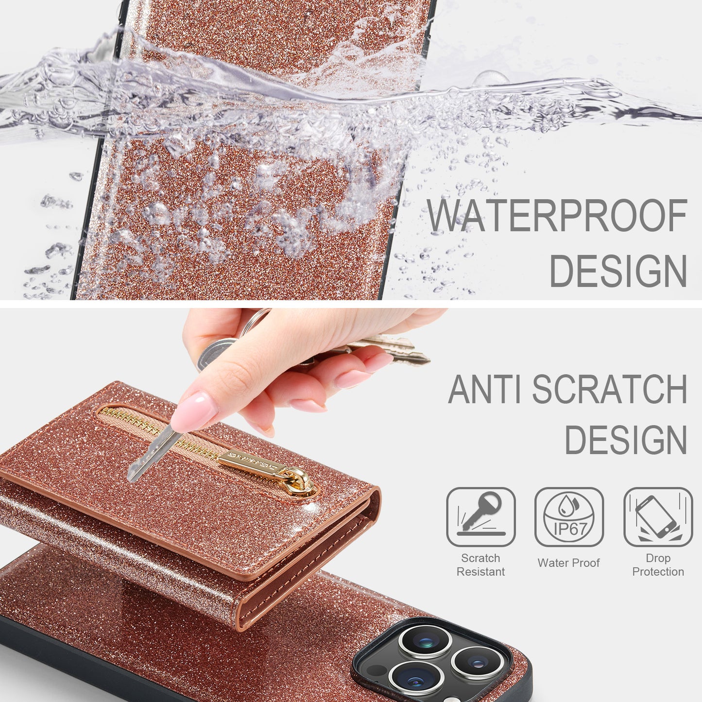 Glitter Leather 2-in-1 Wallet Zipper iPhone 15 Pro Max Case Detachable