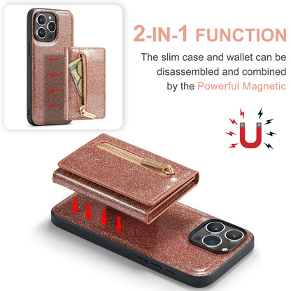 Glitter Leather 2-in-1 Wallet Zipper iPhone 15 Pro Max Case Detachable