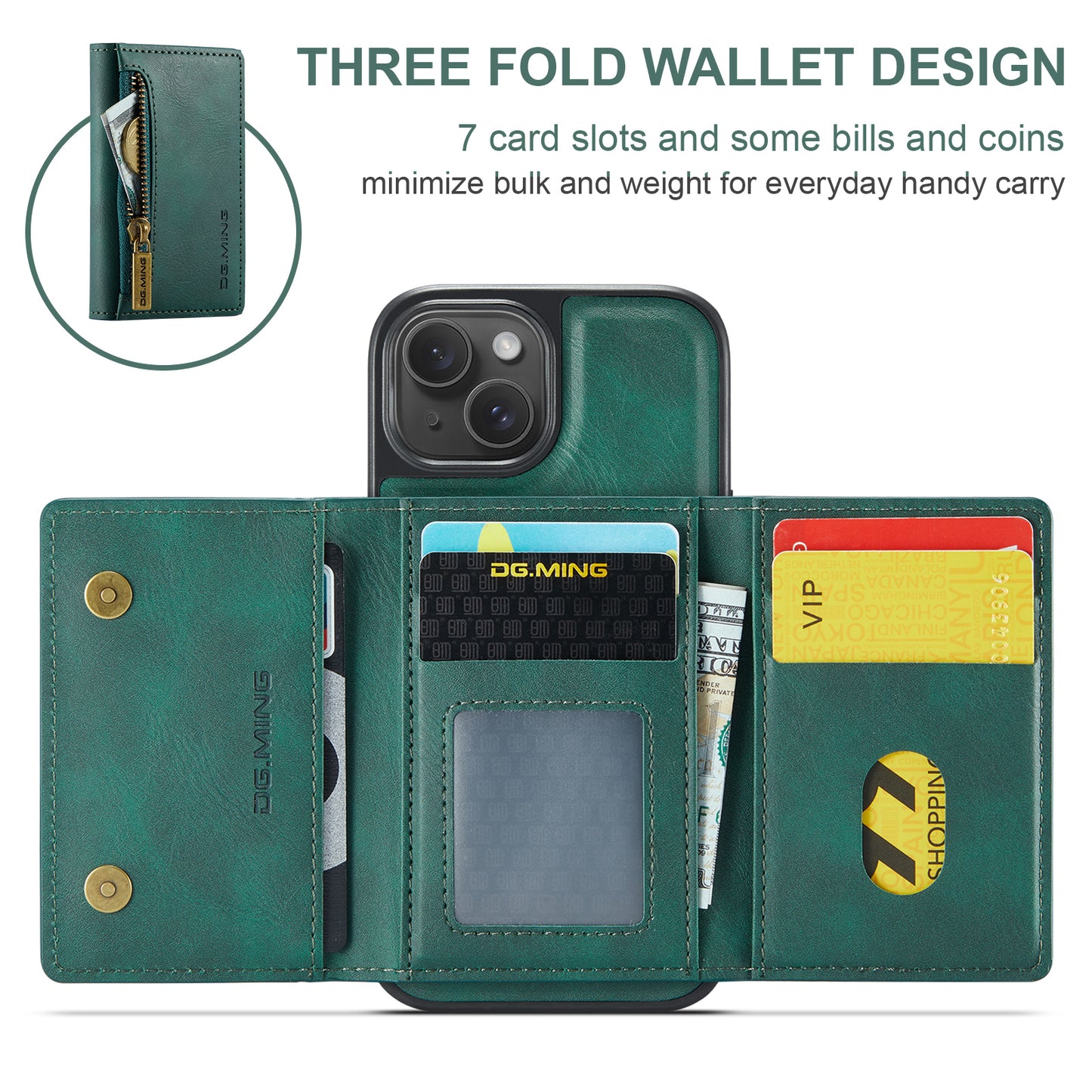 Wallet Detachable Tri-fold iPhone 15 Plus Case Muilti Card Slots