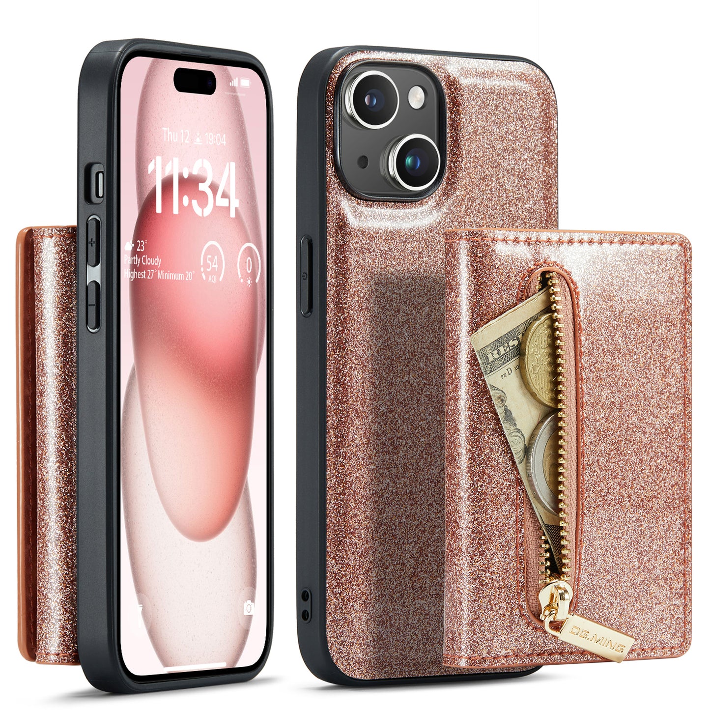 Glitter Leather 2-in-1 Wallet Zipper iPhone 15 Plus Case Detachable