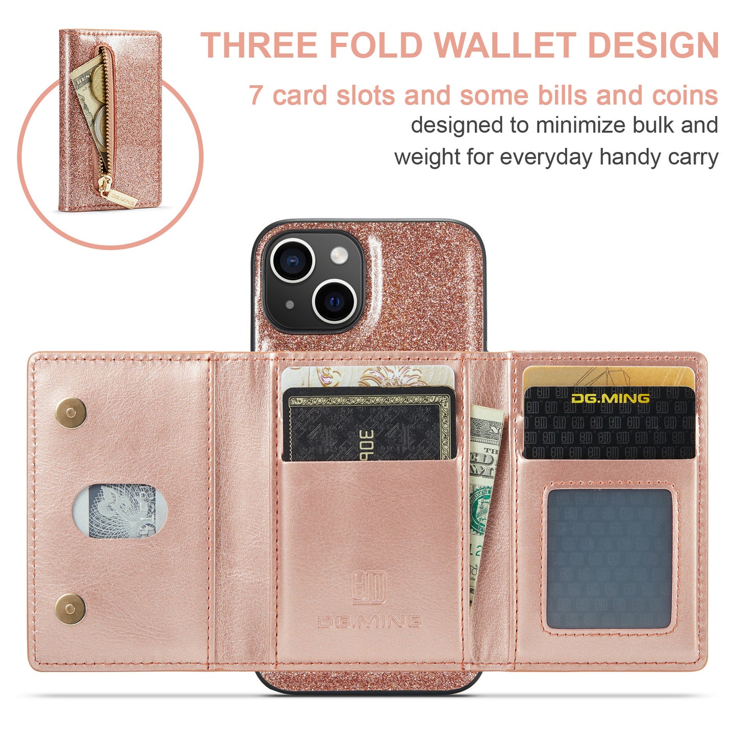 Glitter Leather 2-in-1 Wallet Zipper iPhone 15 Plus Case Detachable