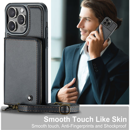 Zipper Card Holder iPhone 15 Pro Case with Shoulder Hand Strap