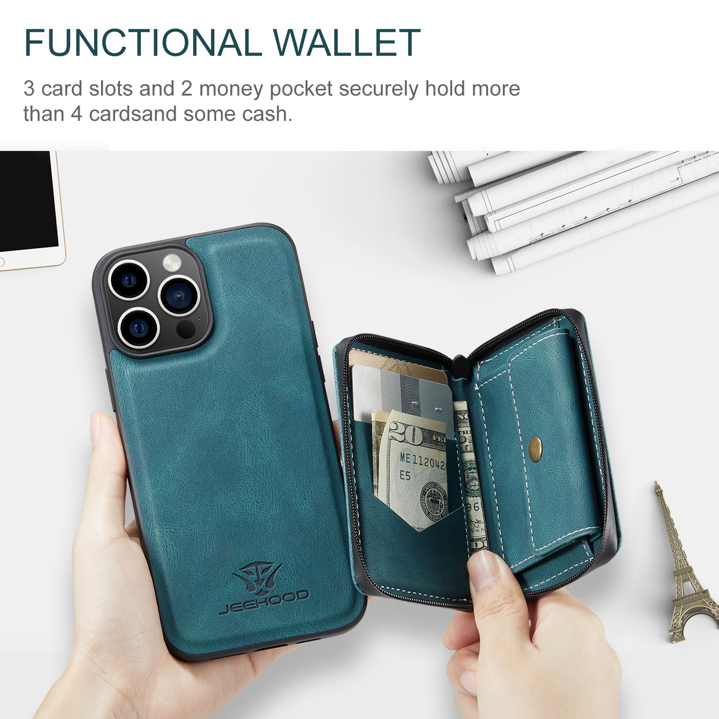 Magnetic Removable Zipper Wallet iPhone 16 Pro Max Case Leather Back