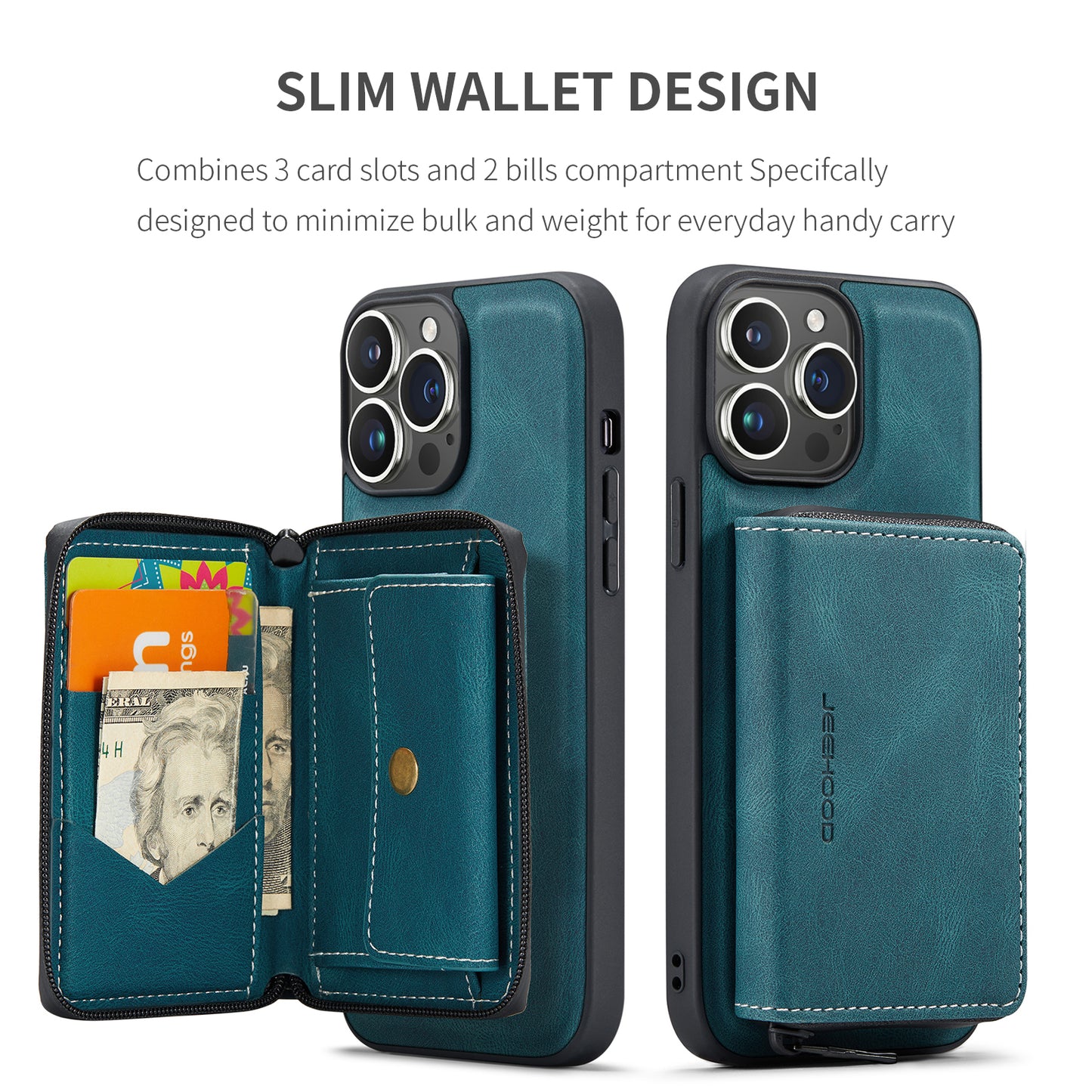 Magnetic Removable Zipper Wallet iPhone 16 Pro Max Case Leather Back