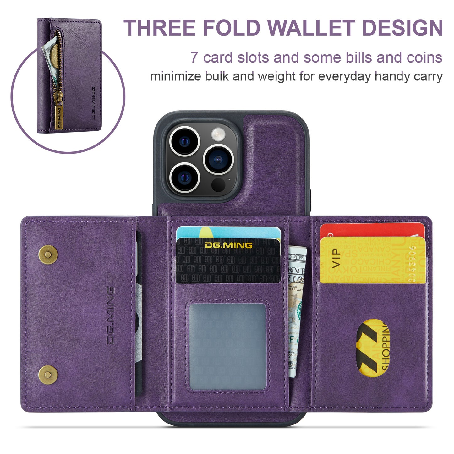 Wallet Detachable Tri-fold iPhone 15 Pro Max Case Muilti Card Slots