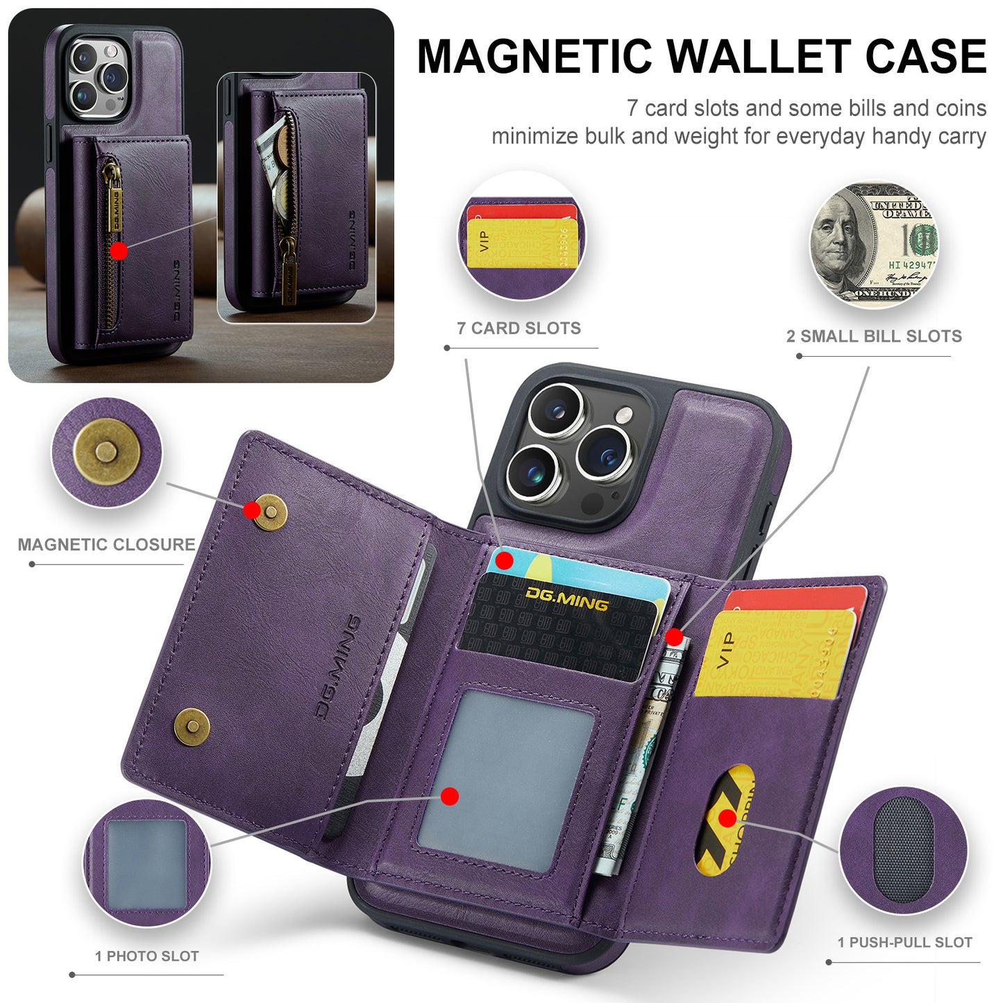 Wallet Detachable Tri-fold iPhone 15 Pro Case Muilti Card Slots