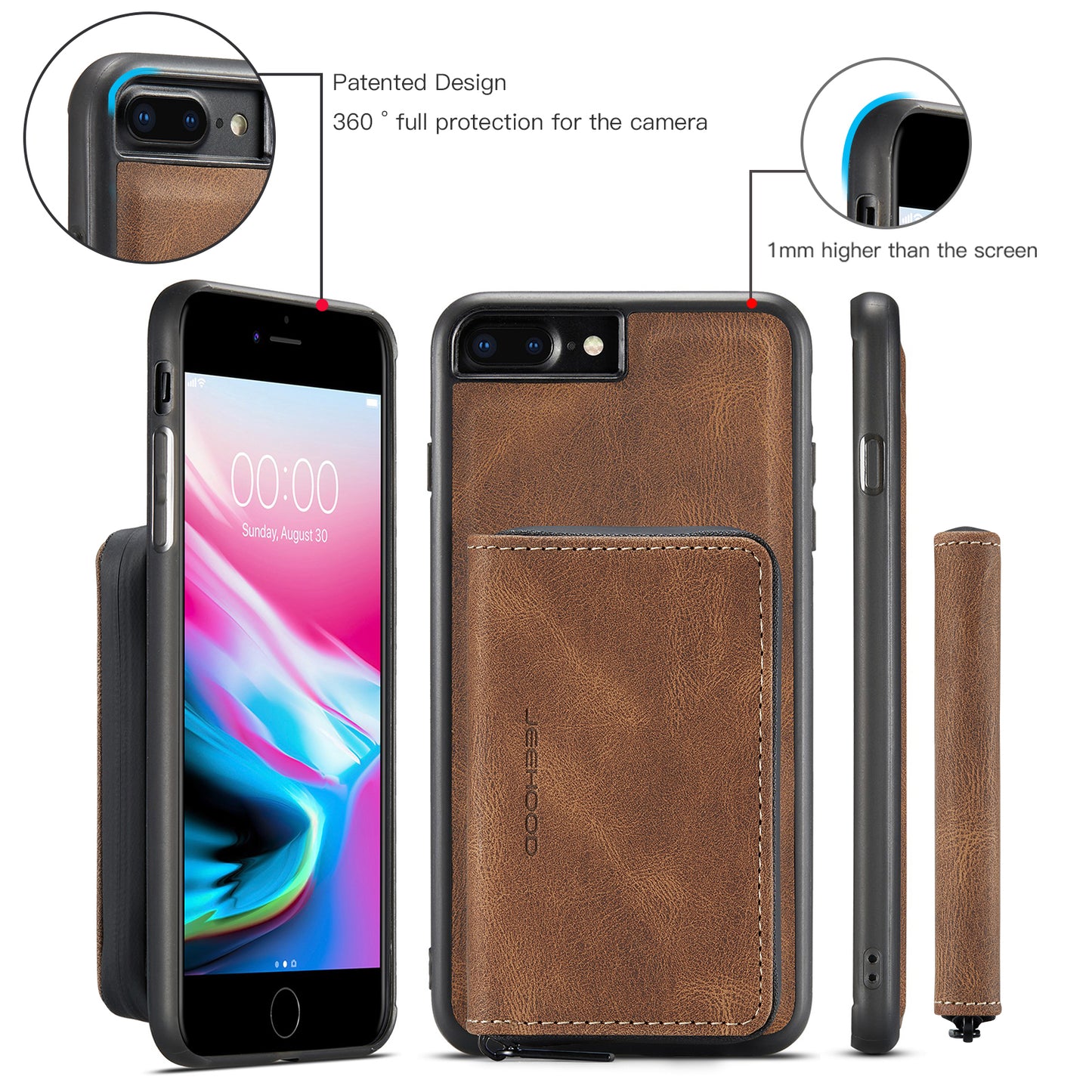 Magnetic Removable Zipper Wallet iPhone 8 Plus Case Leather Back