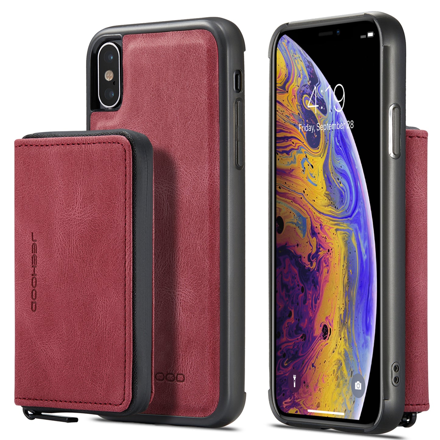 Magnetic Removable Zipper Wallet iPhone XR Case Leather Back