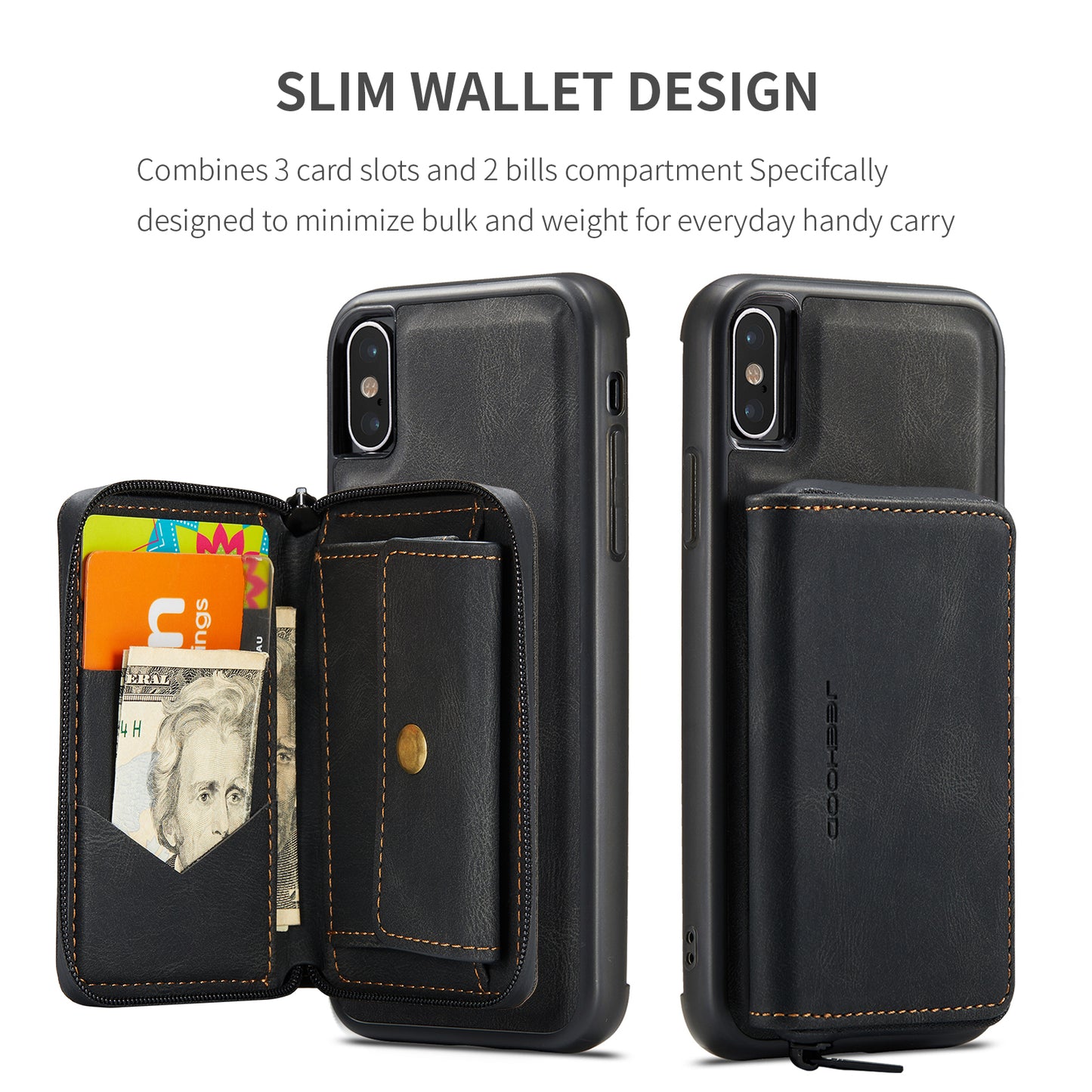 Magnetic Removable Zipper Wallet iPhone XR Case Leather Back