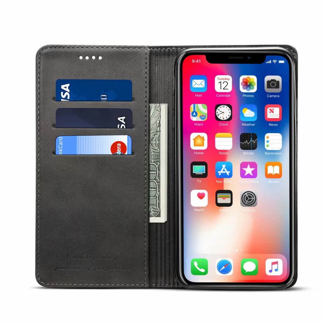 Calfskin Simple Wallet iPhone XR Case RFID Magnetic