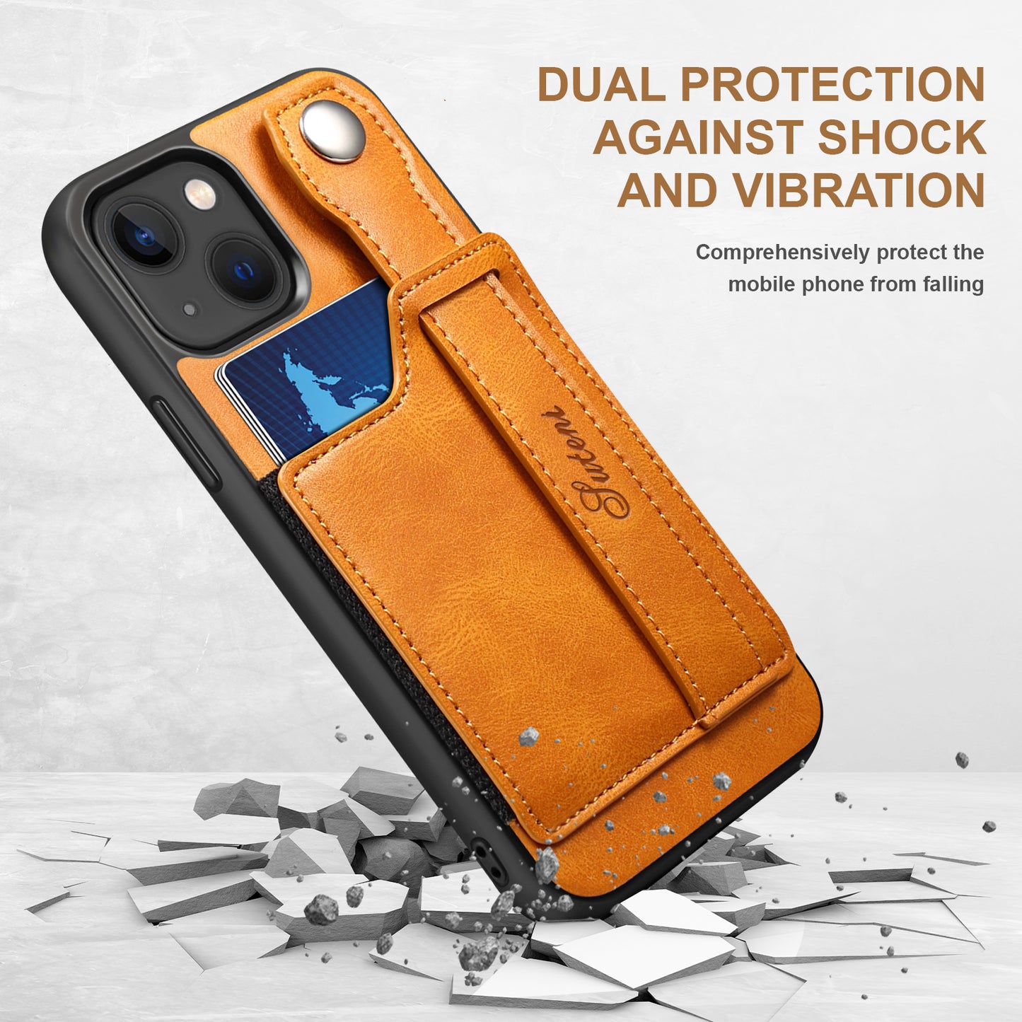 Vertical Card Holder iPhone 15 Plus Leather Case with Wristband