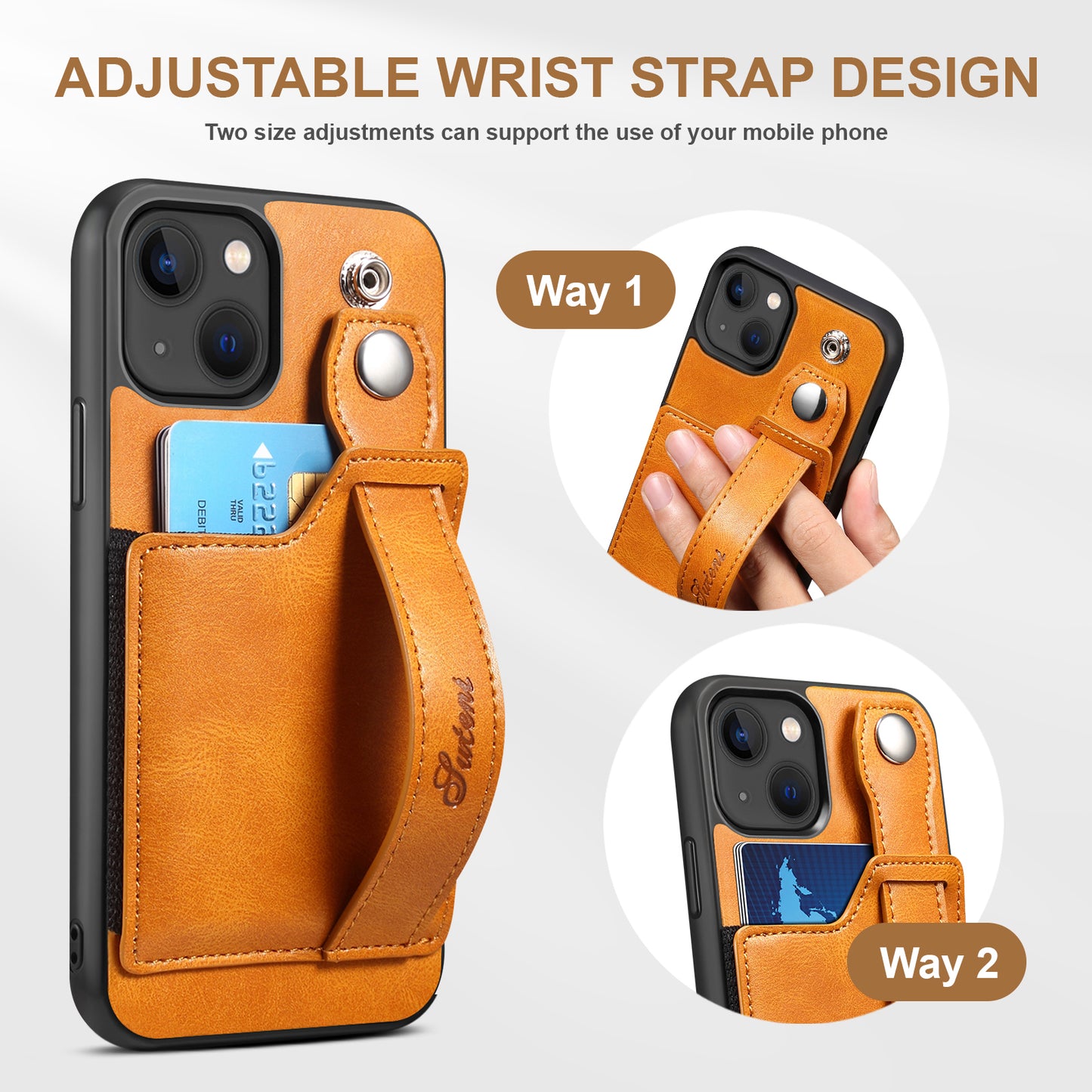 Vertical Card Holder iPhone 15 Plus Leather Case with Wristband