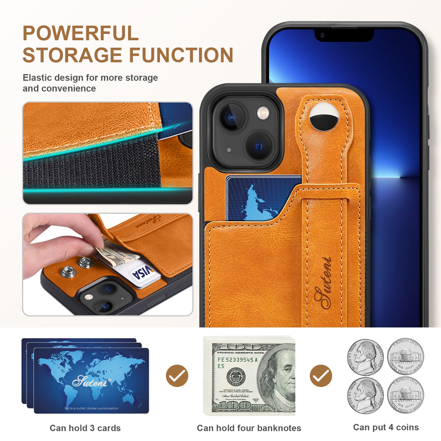 Vertical Card Holder iPhone 15 Plus Leather Case with Wristband