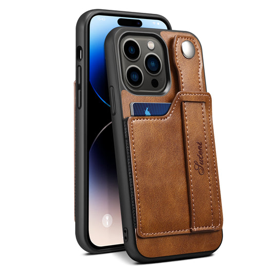 Vertical Card Holder iPhone 15 Pro Leather Case with Wristband