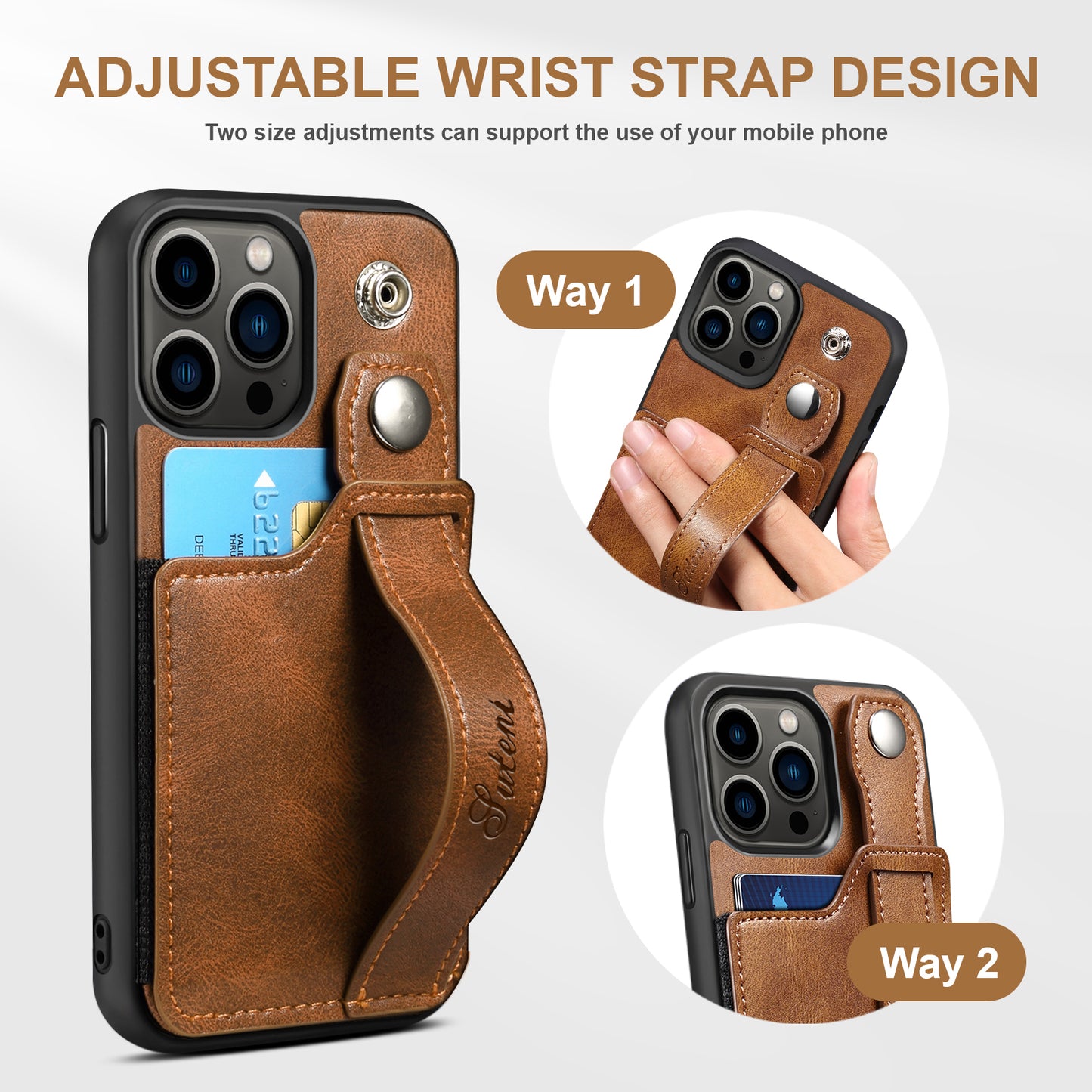 Vertical Card Holder iPhone 15 Pro Max Leather Case with Wristband