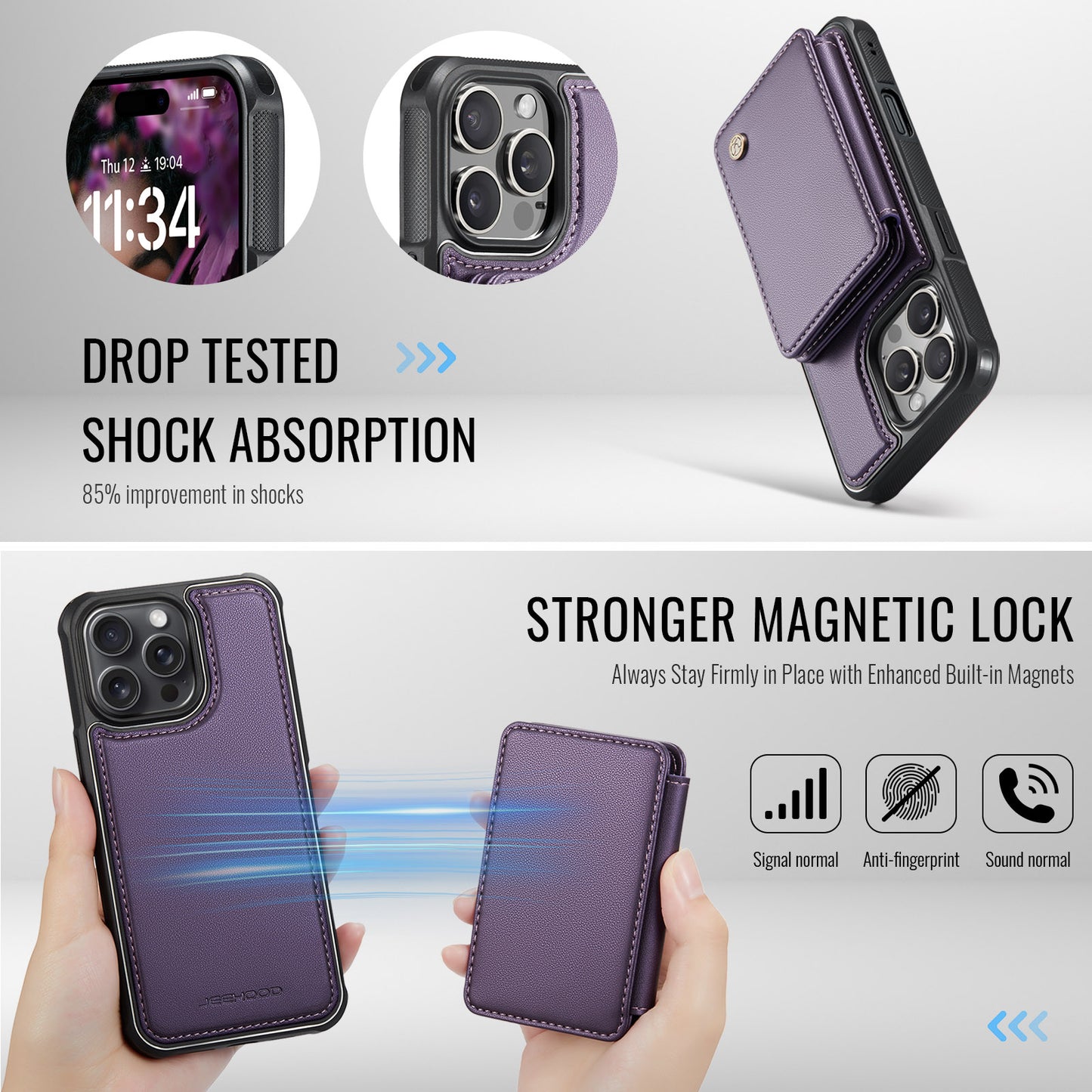 JEEHOOD Magnetic Clasp Book Card Holder iPhone 16 Pro Case