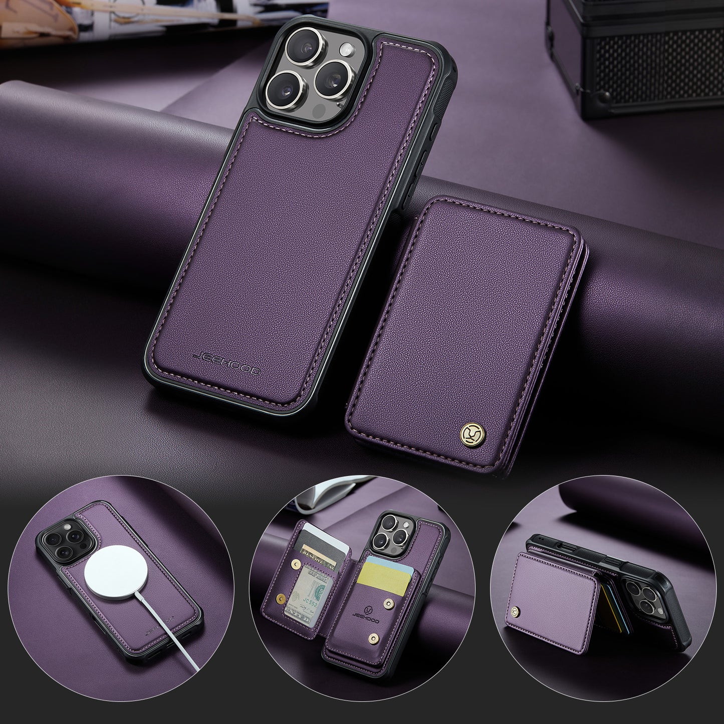 JEEHOOD Magnetic Clasp Book Card Holder iPhone 16 Pro Case