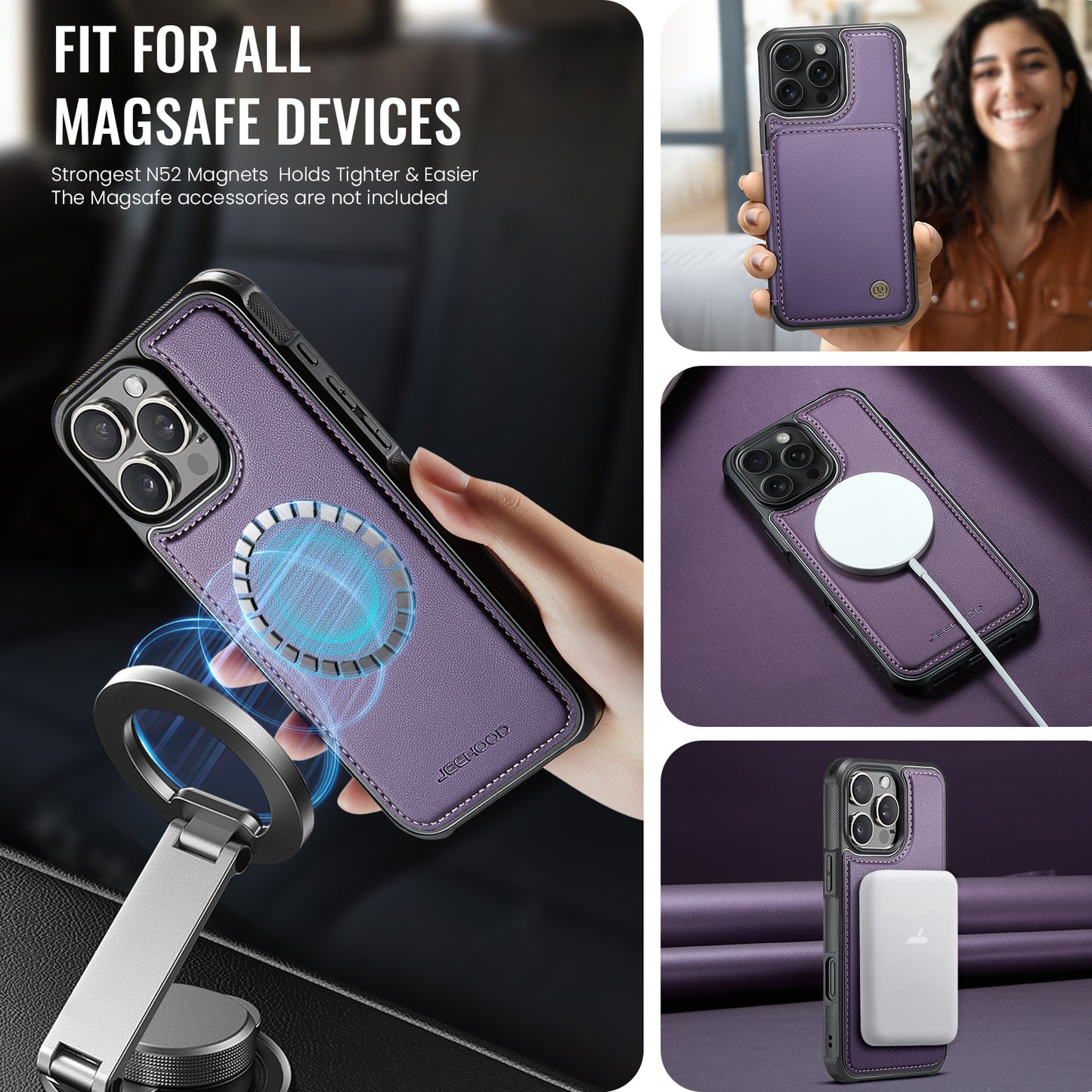 JEEHOOD Magnetic Clasp Book Card Holder iPhone 16 Pro Case