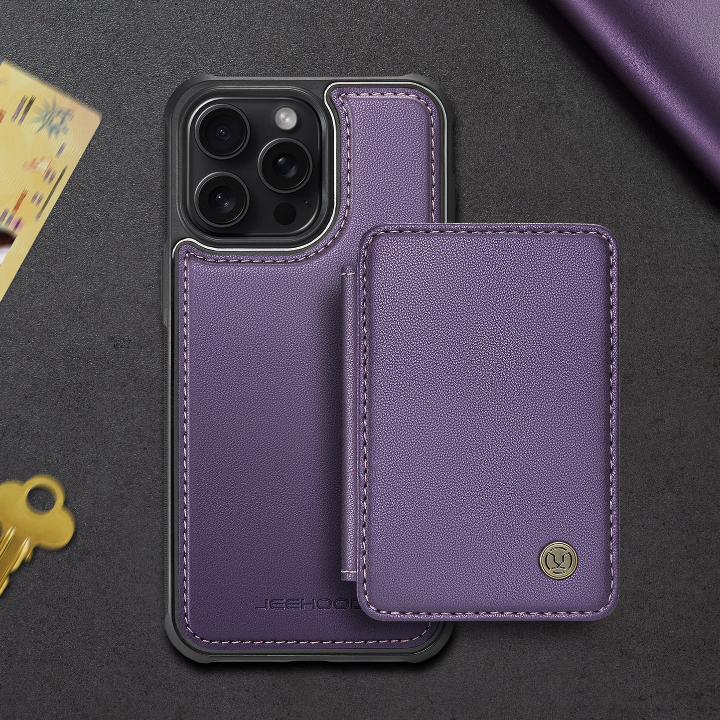 JEEHOOD Magnetic Clasp Book Card Holder iPhone 16 Pro Case
