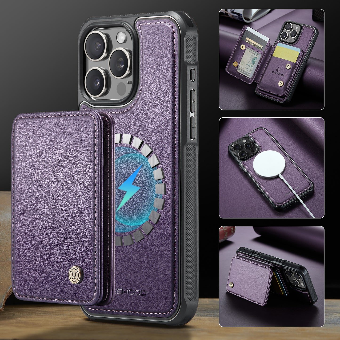 JEEHOOD Magnetic Clasp Book Card Holder iPhone 16 Pro Case