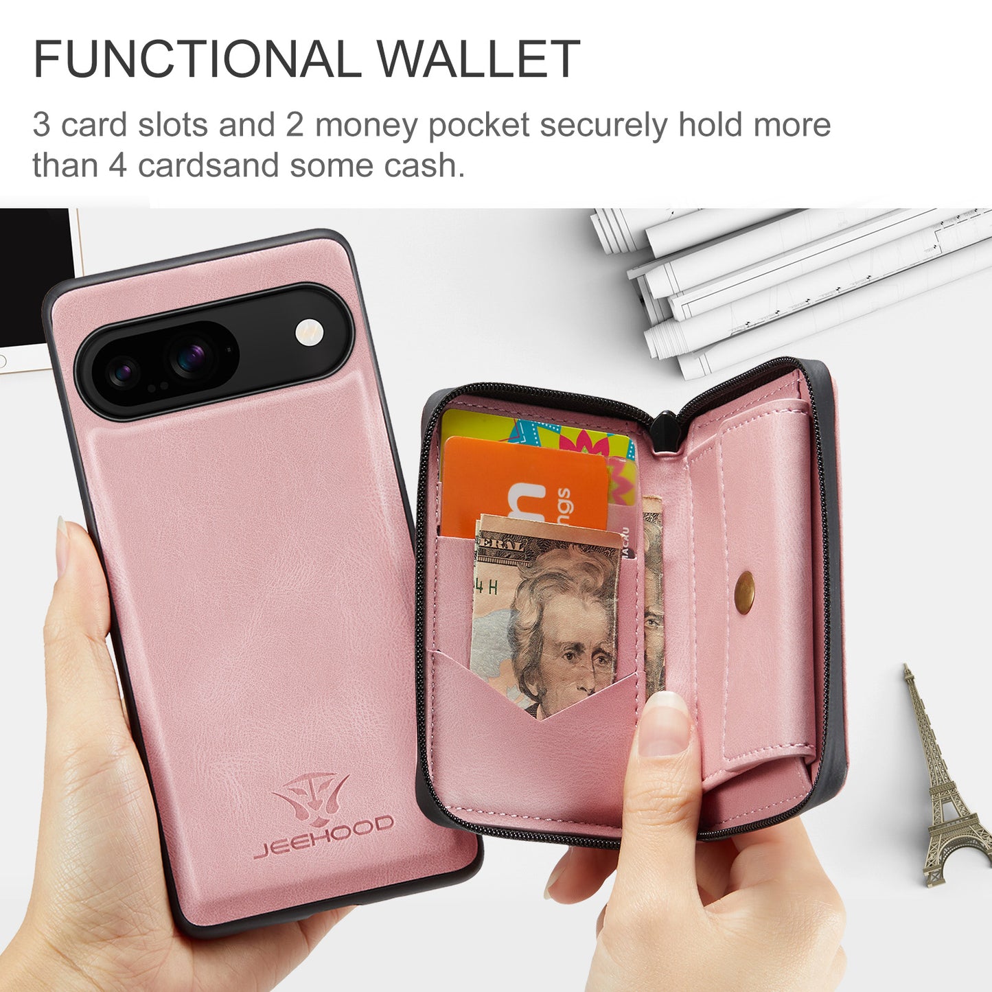 Magnetic Removable Zipper Wallet Google Pixel 9 Case Leather Back