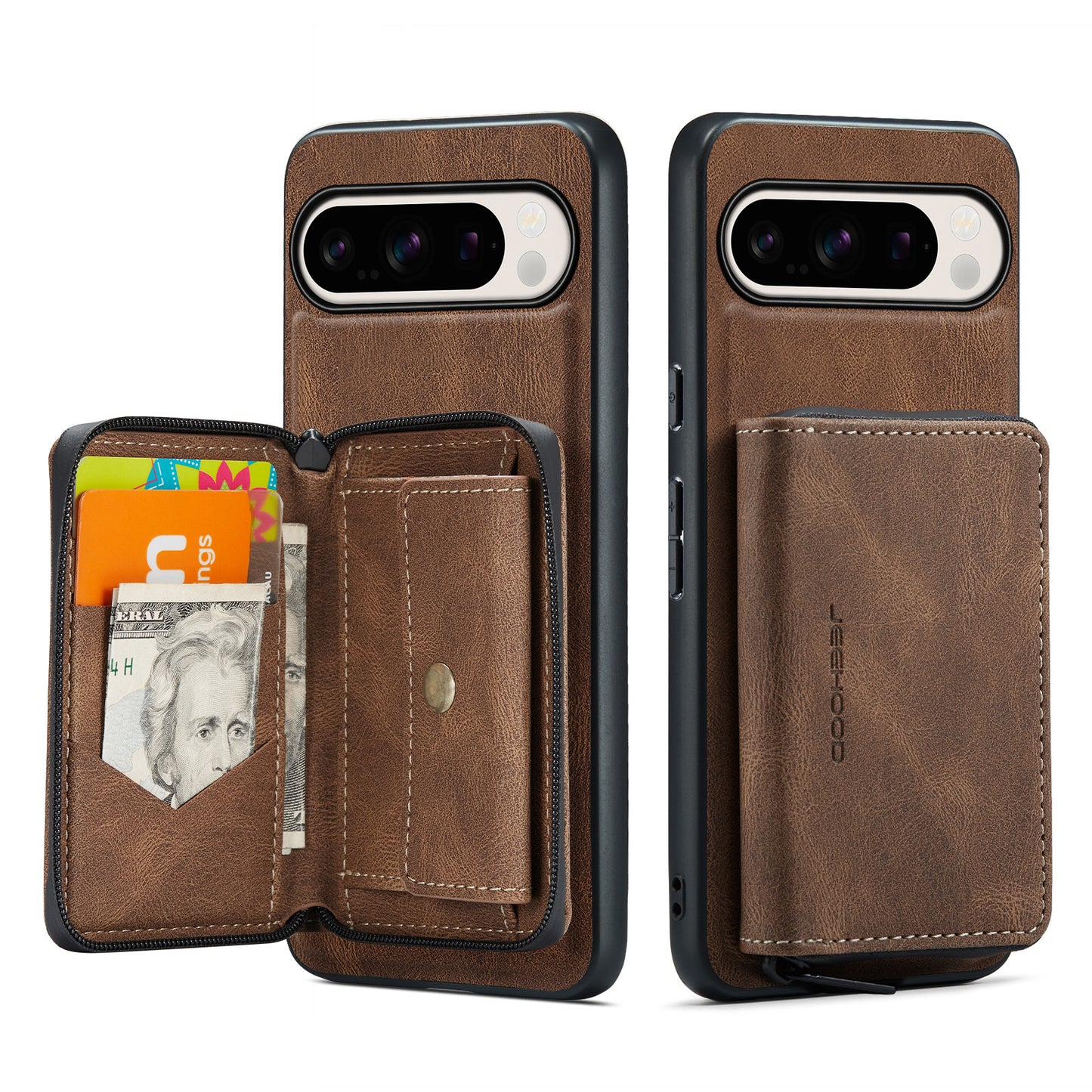 Magnetic Removable Zipper Wallet Google Pixel 9 Pro XL Case Leather Back