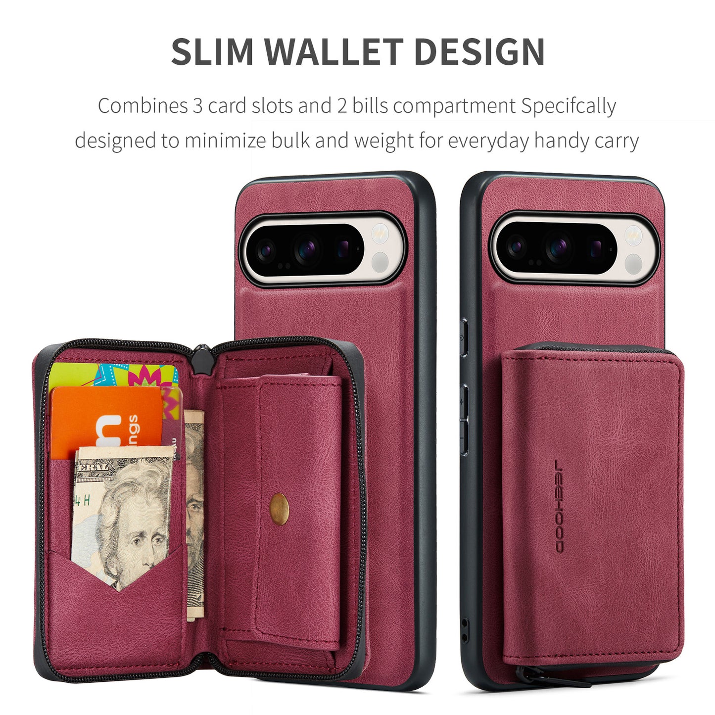 Magnetic Removable Zipper Wallet Google Pixel 9 Pro XL Case Leather Back