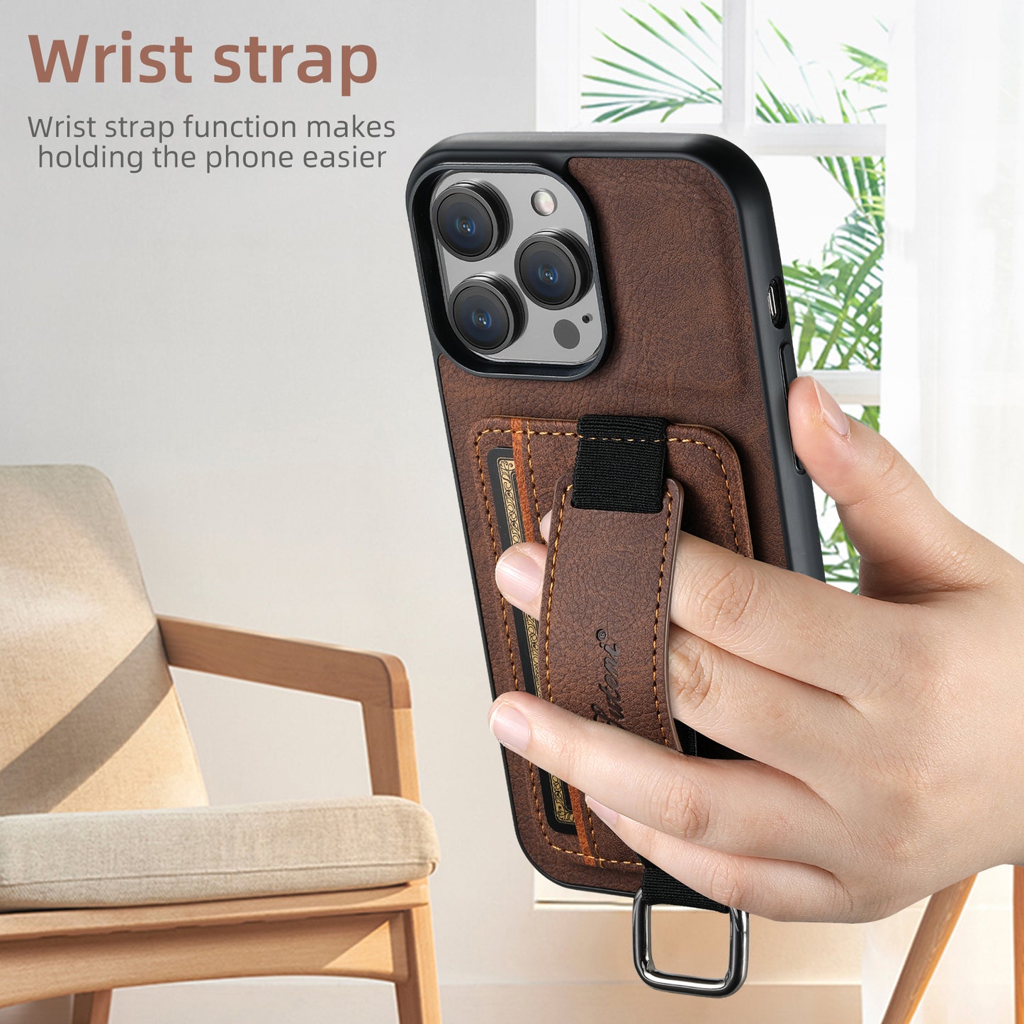 Lichi Leather Card Holder iPhone 13 Case Wristband