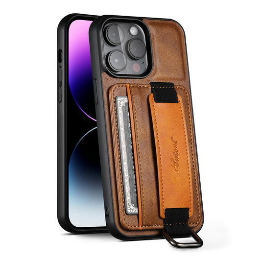 Oil Wax Leather Card Holder iPhone 14 Pro Case Wristband