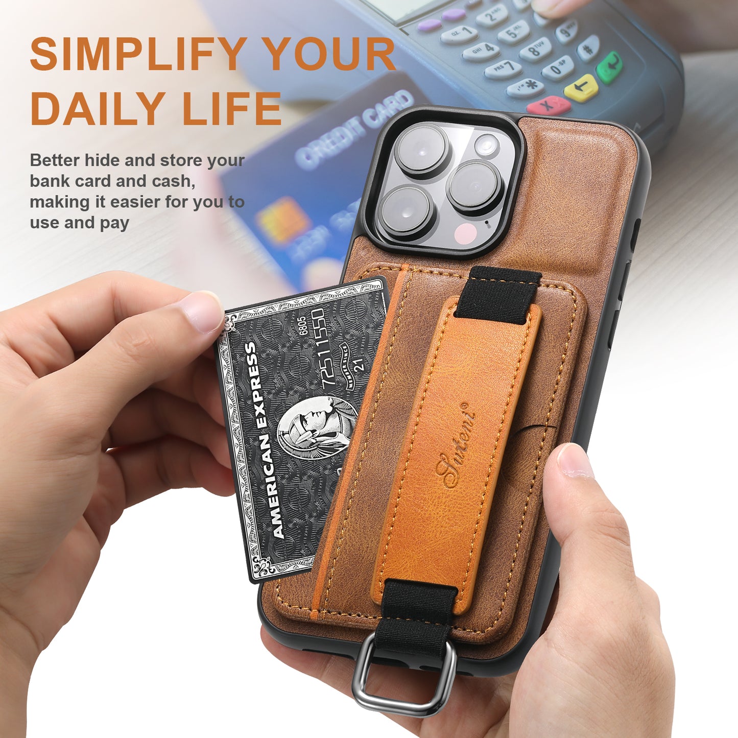 Oil Wax Leather Card Holder iPhone 14 Pro Case Wristband