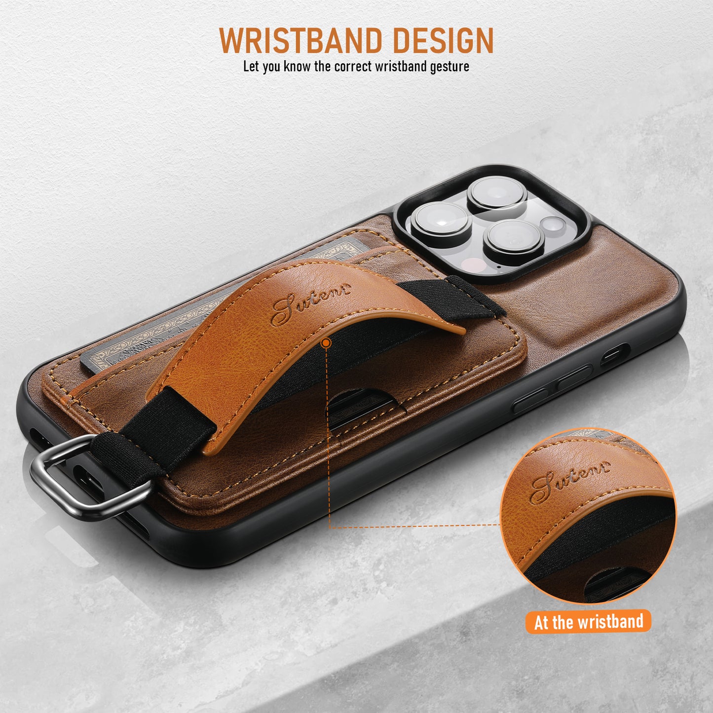 Oil Wax Leather Card Holder iPhone 14 Pro Case Wristband