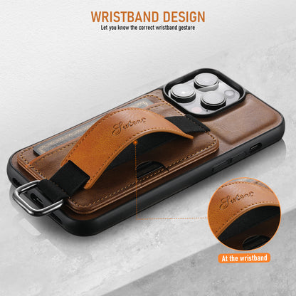 Oil Wax Leather Card Holder iPhone 14 Pro Max Case Wristband