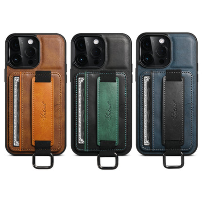 Oil Wax Leather Card Holder iPhone 15 Plus Case Wristband