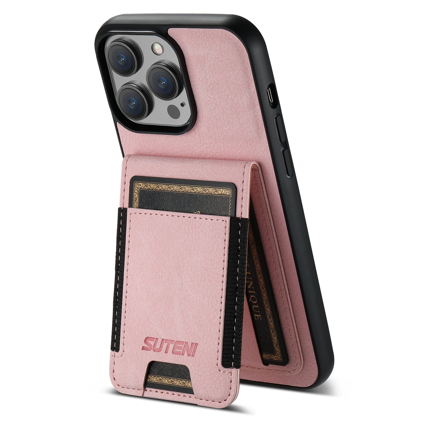 Litchi Leather iPhone 14 Case Card Holder Elastic Bandage