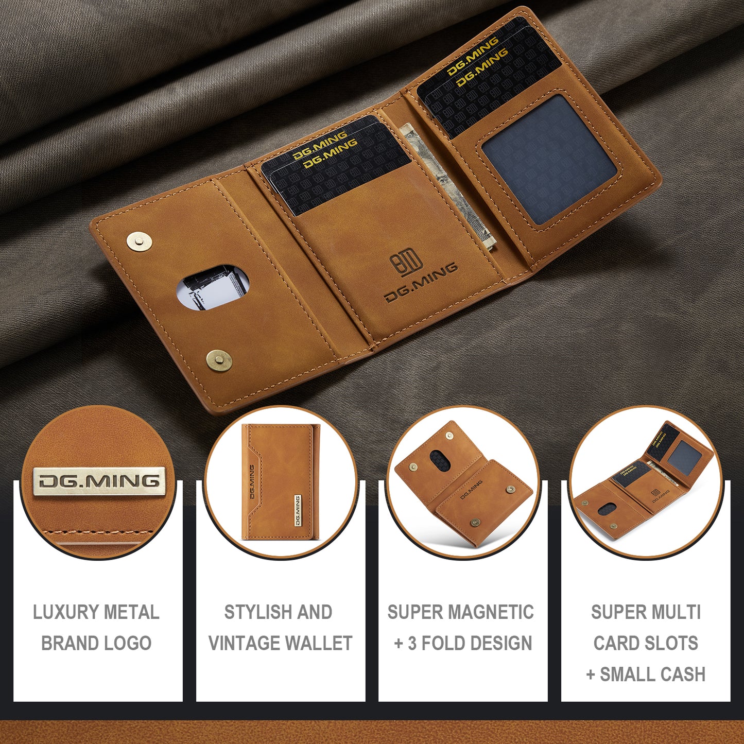 Stylish Leather 3-Fold Card Case Magnetic Portable