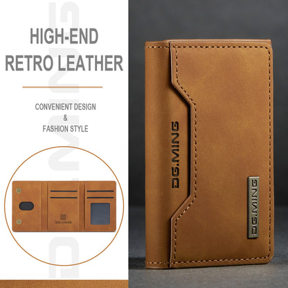 Stylish Leather 3-Fold Card Case Magnetic Portable