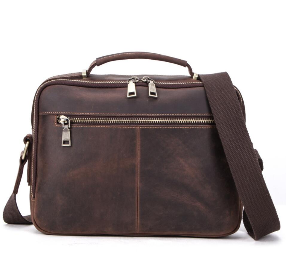 Men's Genuine Leather Handbag Tablet Bag Multifunctional Sandwich Zipper Pockets