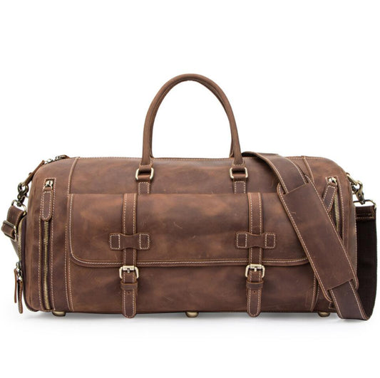 Men's Genuine Leather Duffel Bag Laptop Bag Cylindrical Portable Multi Functional Fitness