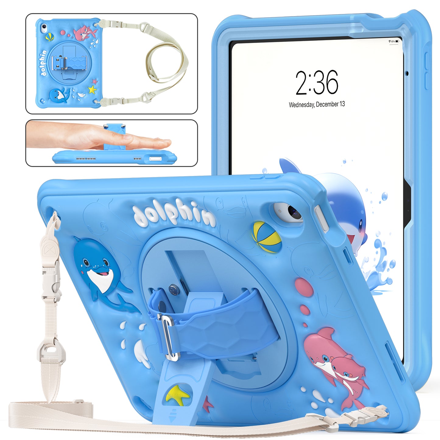 Bubble 3D Dolphin Stand Hand Strap iPad 10 Case Kids Safety