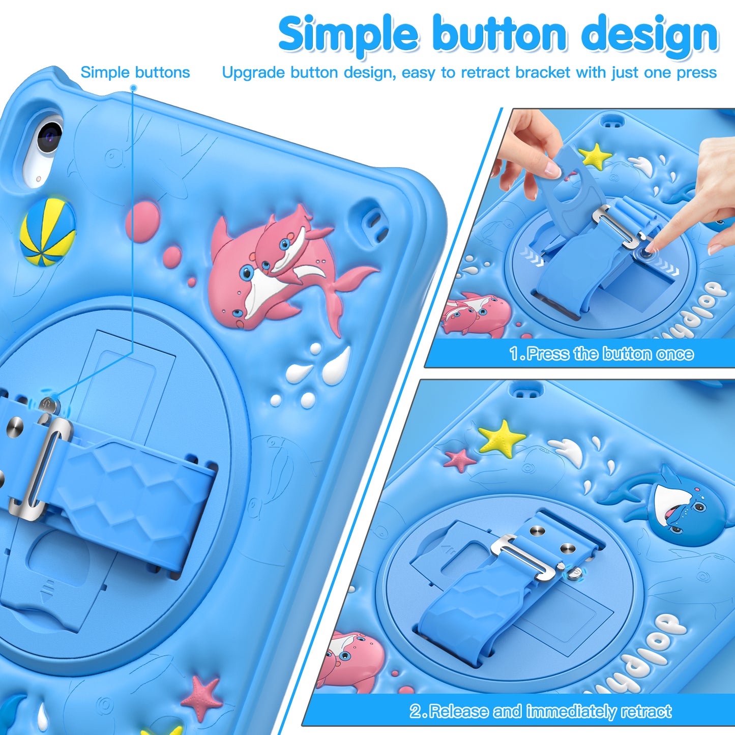 Bubble 3D Dolphin Stand Hand Strap iPad 10 Case Kids Safety