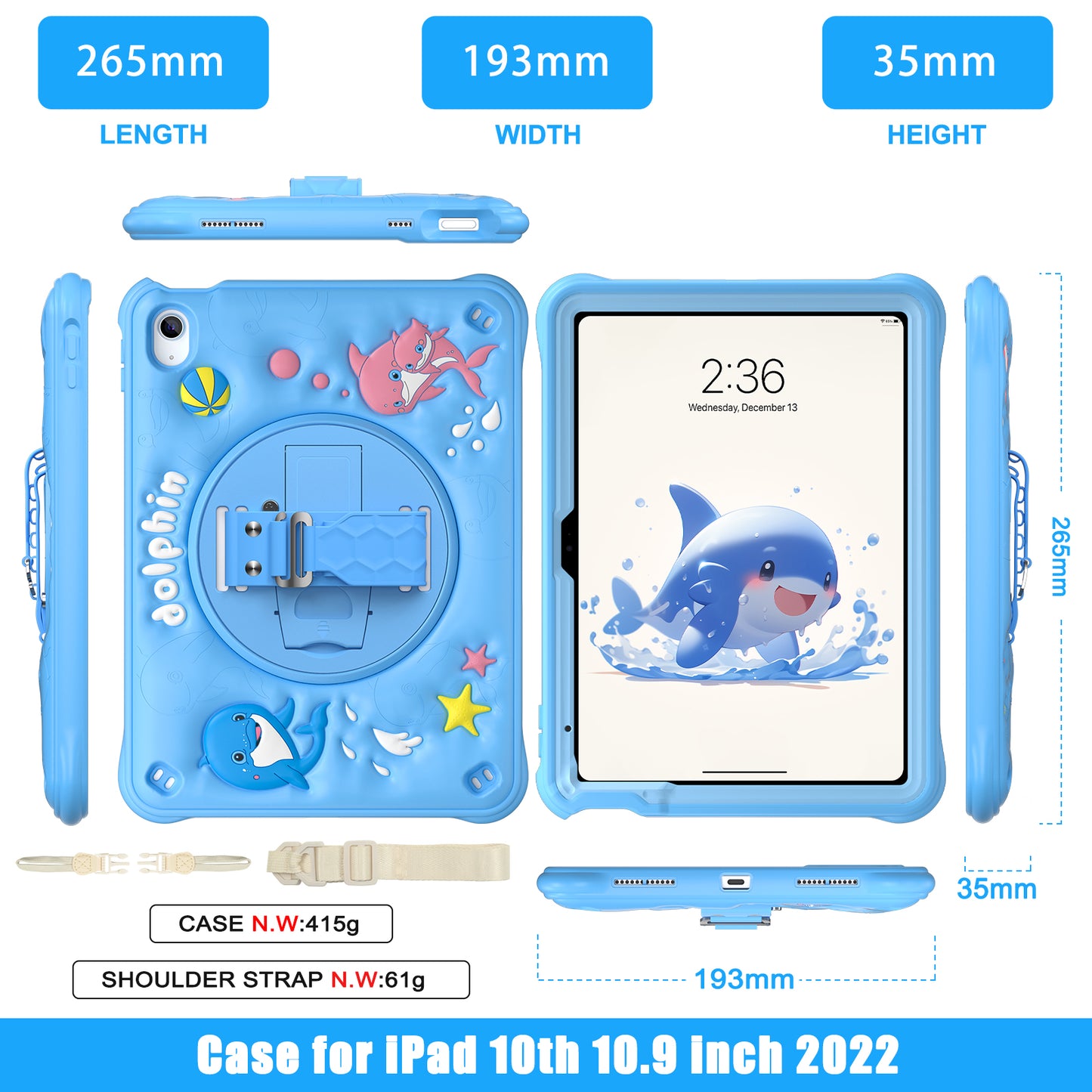 Bubble 3D Dolphin Stand Hand Strap iPad 10 Case Kids Safety