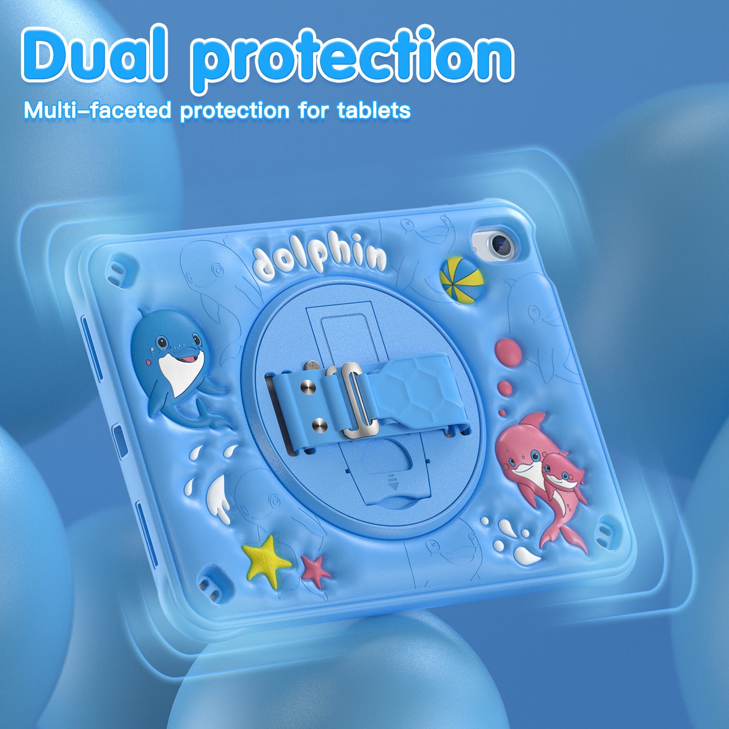 Bubble 3D Dolphin Stand Hand Strap iPad 10 Case Kids Safety