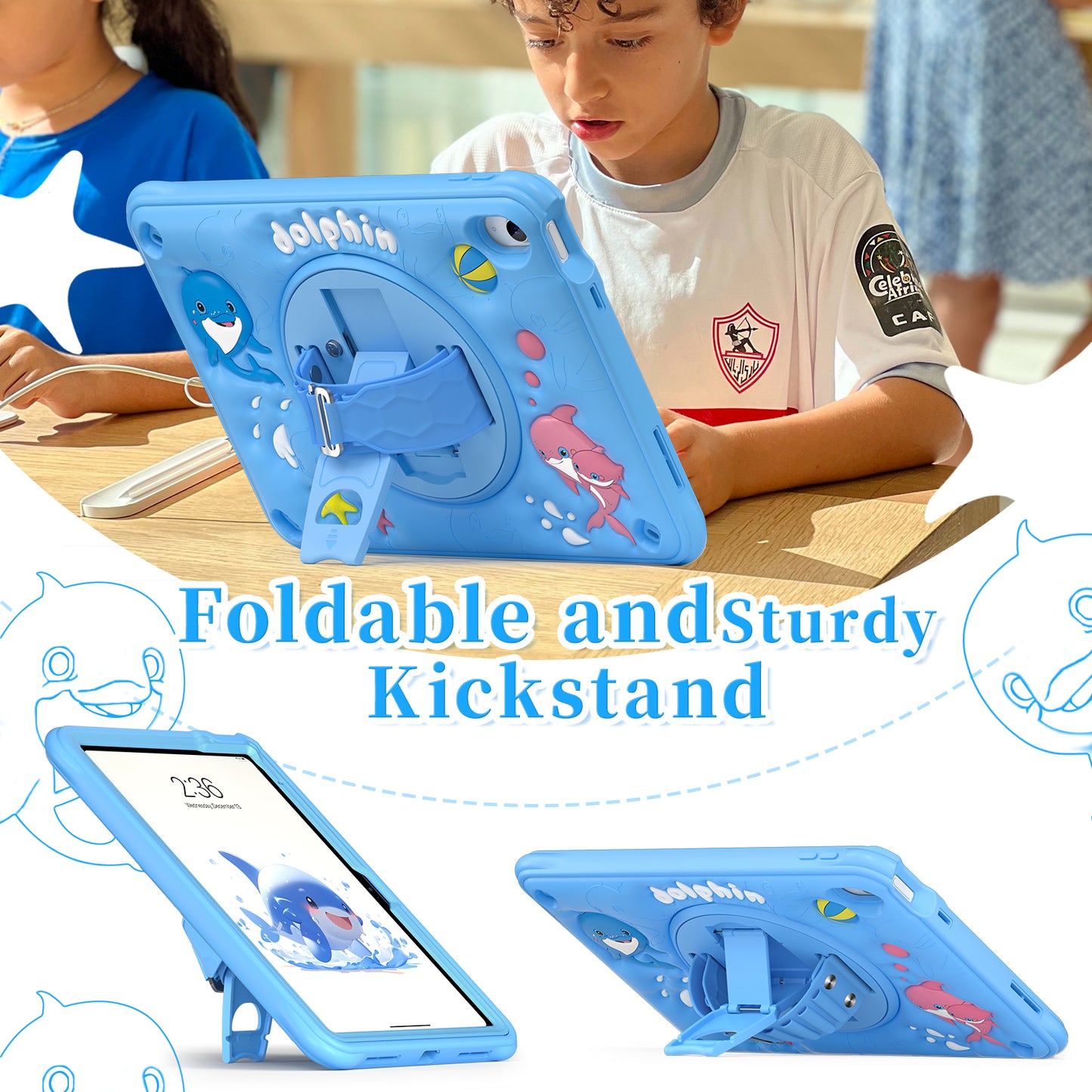 Bubble 3D Dolphin Stand Hand Strap iPad 10 Case Kids Safety