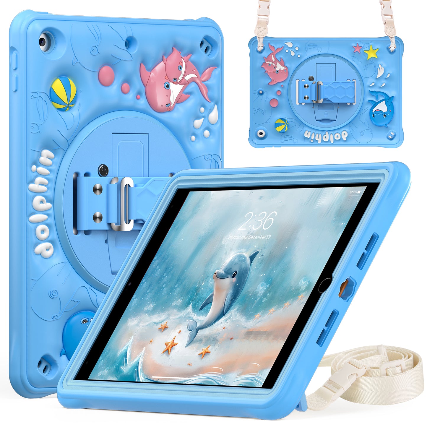 Bubble 3D Dolphin Stand Hand Strap iPad 8 Case Kids Safety