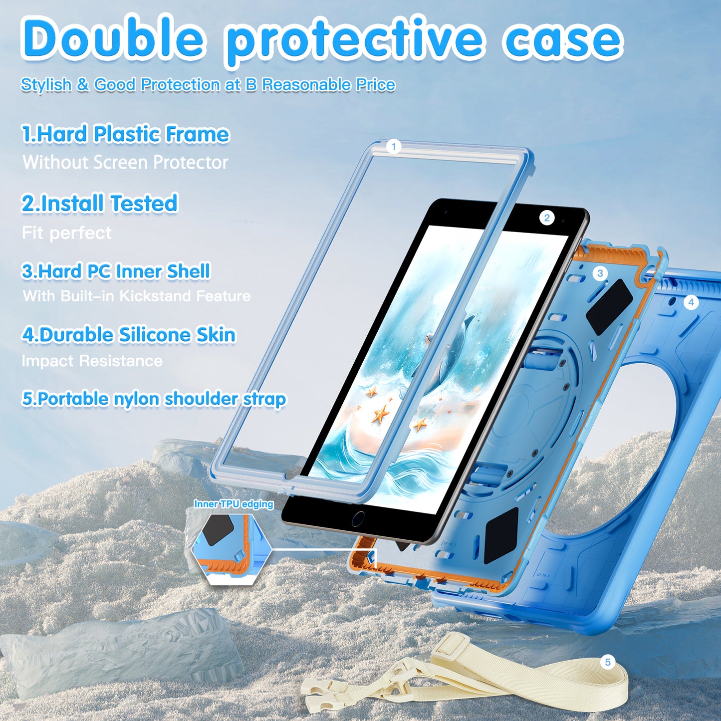 Bubble 3D Dolphin Stand Hand Strap iPad 8 Case Kids Safety