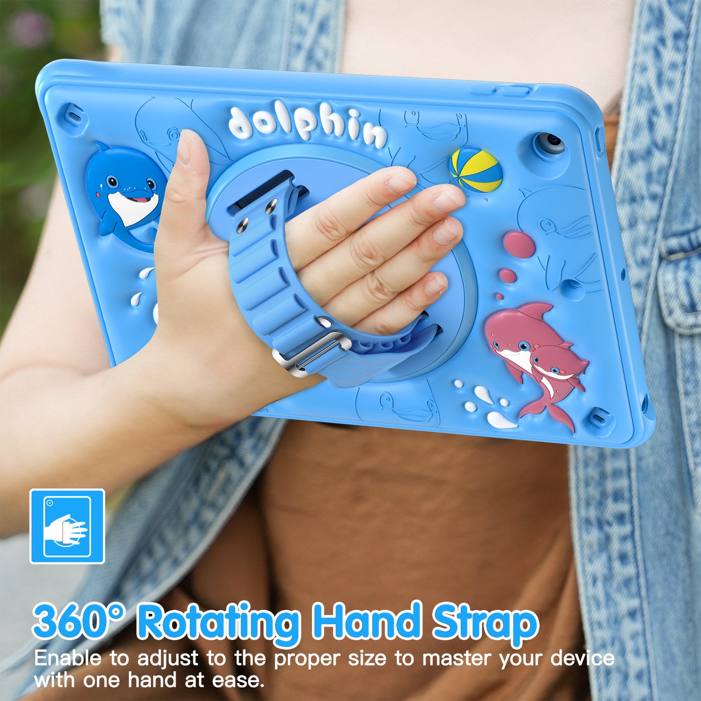 Bubble 3D Dolphin Stand Hand Strap iPad 8 Case Kids Safety