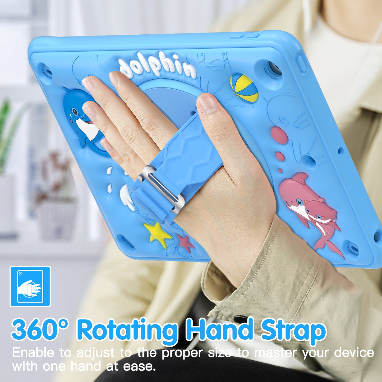 Bubble 3D Dolphin Stand Hand Strap iPad 8 Case Kids Safety